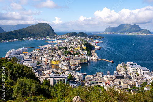 View of Alesund Port with cruise ships from Fjellstua, Mt. Aksla Mountain Top, Alesund, Norway,