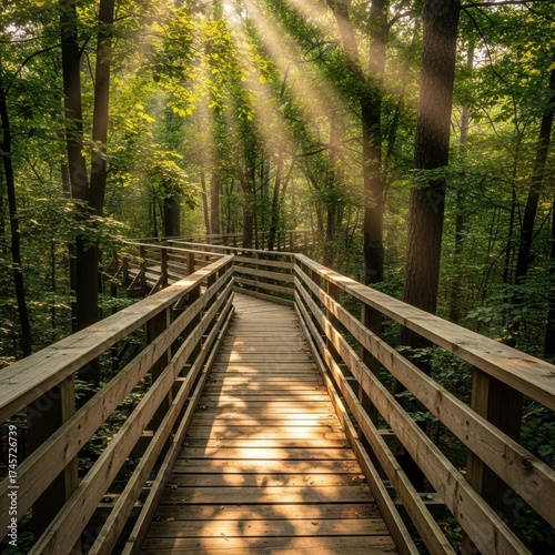 Sunbeams illuminate a wooden boardwalk winding through a lush green forest