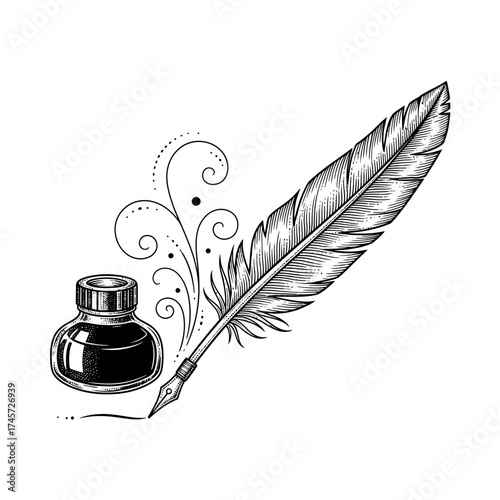 Quill Pen and Ink Bottle Illustration – Vintage Writing Feather Calligraphy Icon