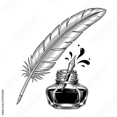 Quill Pen and Ink Bottle Illustration – Vintage Writing Feather Calligraphy Icon