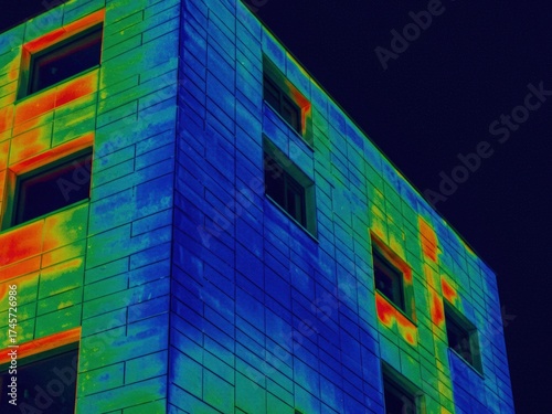 Thermal image of a building facade displaying heat distribution with cool blues/greens and warm oranges/reds around windows, suggesting energy analysis.