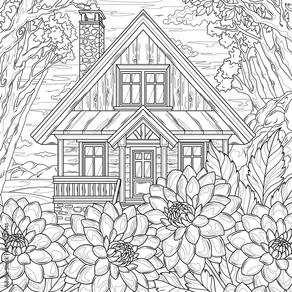 Naklejka premium Dahlias and the house.Coloring book antistress for children and adults. 