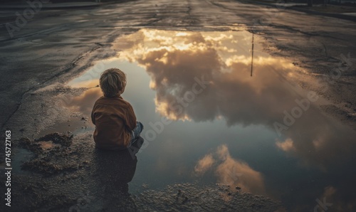 Wallpaper Mural Contemplative Figure Reflecting on a Cloudy Sky in a Puddle. Torontodigital.ca