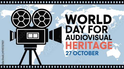 Vector art of world day for audiovisual heritage on october 27th with a vintage film camera and world map background