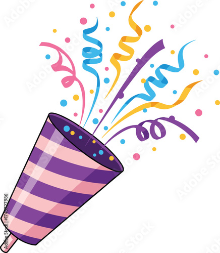 Party, popper, celebration, confetti, streamers, colorful, festive, burst, icon, vector, illustration, fun, event, graphic, explosion, joy, decoration, surprise, pink, purple