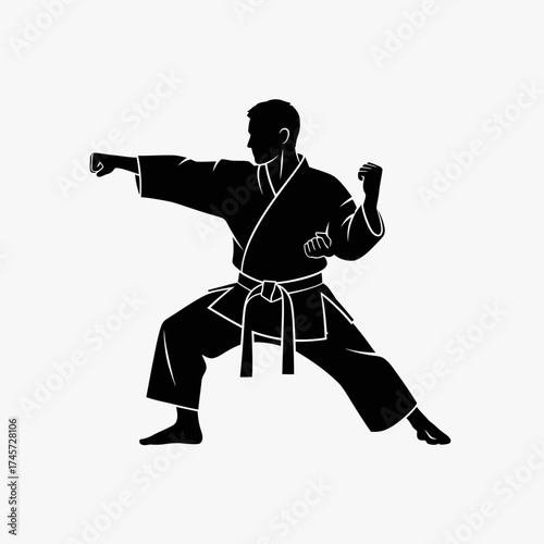 Karate Fighter Punching Pose Martial Arts Silhouette Combat Training Vector Illustration