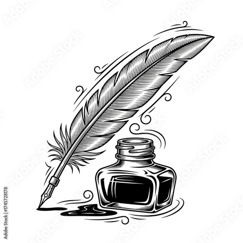 Vintage Quill Pen with Ink Bottle Classic Writing Tool Engraving Style Illustration