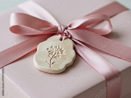 A close-up of a pink gift box adorned with a satin pink ribbon and bow, featuring a light-colored decorative tag with an embossed flower design.