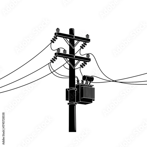 Electric Utility Pole with Power Lines Transformer Infrastructure Vector Illustration
