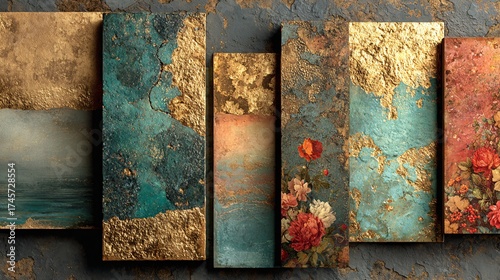 Abstract Art Panels with Gold Foil and Floral Elements on Textured Wall