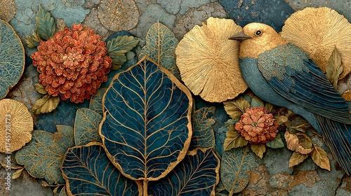 Vibrant Bird and Floral Extravaganza with Textural Leaves Design