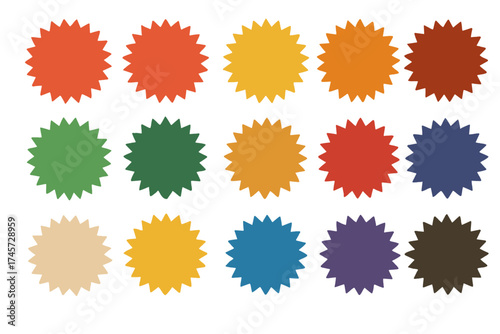 Big set starburst sale stickers. Sunburst price tag collection. Discount shopping badges. Special offer labels. Retro vintage style shapes. Colorful vector graphic elements.