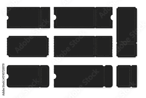 Big set of black ticket templates for events. Blank vector coupon, voucher, and raffle ticket illustration. Empty admit one pass for concert, movie, or festival entry mockup.