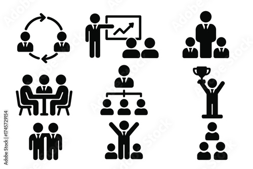 Business people icon set. Team communication, collaboration, presentation and conference. Workgroup subordination, win and leading signs. Vector pictogram symbol collection.