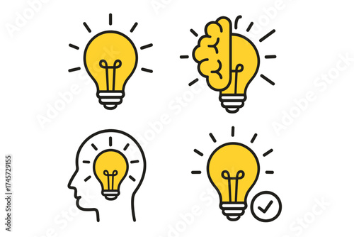 Bright idea icon set. Lightbulb, brain and head icons for creativity, innovation and brainstorming concepts. Vector graphic for problem solving, mind and inspiration.