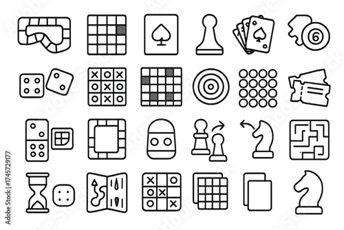Board games icon set in thin line style. Big collection of tabletop game symbols. Vector illustration for chess, cards, dice, maze, and pawn. Leisure and hobby concept.