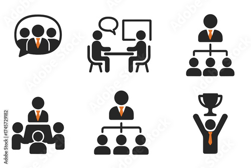 Business icons set. Team communication, collaboration signs. Conference, presentation, meeting symbols. Workgroup hierarchy, corporate structure, leadership and winning concept.