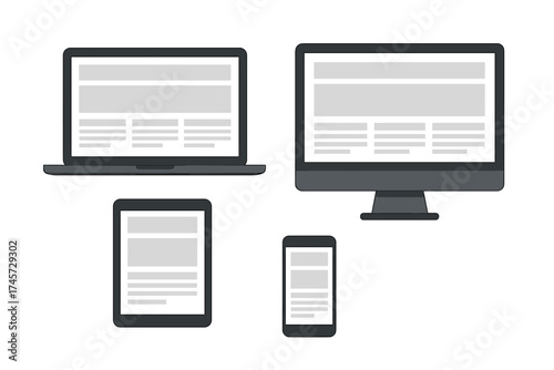 Responsive web design concept with devices. Website adaptive layout on laptop, computer monitor, tablet and smartphone screen. Vector flat illustration for UI UX design.
