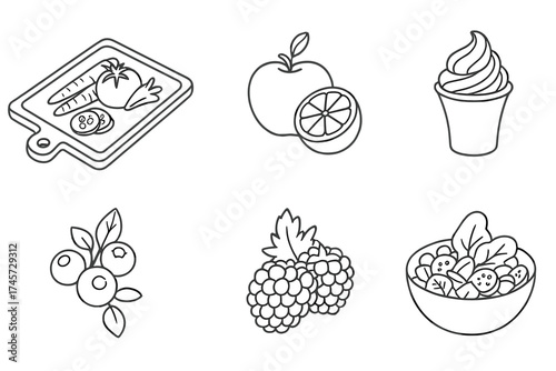 Food line icon set. Healthy eating and meal prep concepts. Includes fruit, vegetables, salad, berries, dessert. Cutting board, apple, blueberry, ice cream outline vector icons.