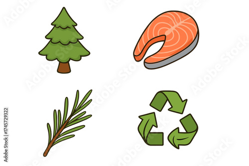 Set of cartoon icons. Salmon fish steak, pine tree, rosemary herb and recycle symbol. Food, nature, ecology and seasoning concepts. Vector flat illustration isolated.