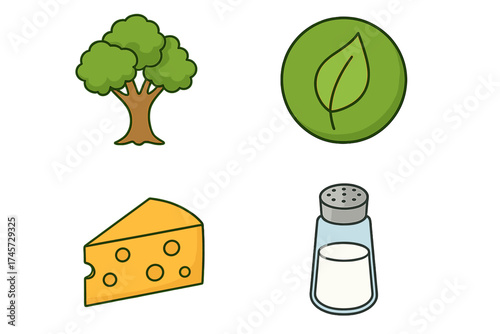 Food, nature and seasoning cartoon icon set. Vector illustration of a tree, eco leaf, cheese and salt. For concepts like ecology, forest, dairy, organic and delicacy.