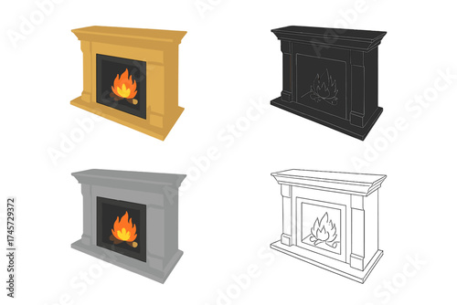 Fireplace vector icon set. Isometric home interior element with fire. Collection includes cartoon, outline, and silhouette styles for concepts of warmth, comfort, and heat.