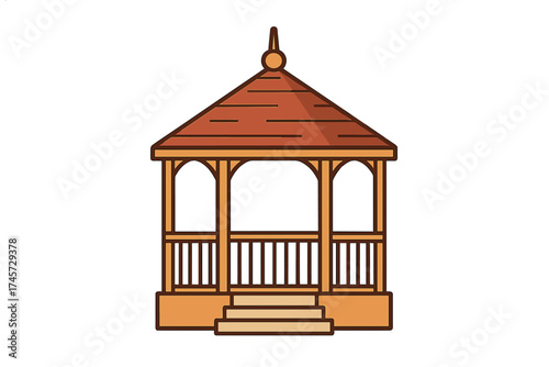 Wooden gazebo vector illustration. Garden pavilion icon isolated on white background. Park architecture design element. Outdoor landscape structure for relax. Summerhouse.