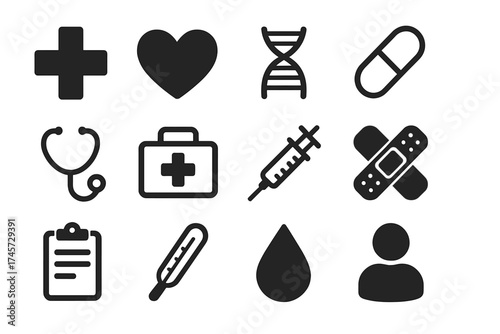 Vector medical icons set for healthcare and medicine. Flat symbols collection: cross, heart, DNA, pill, stethoscope, first aid kit, syringe, bandage, thermometer, blood drop.