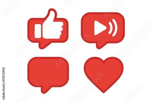 Social media icons for live stream video, chat, and likes. Set of red heart, thumbs up, and comment web buttons isolated on white background. Vector for social network.