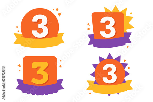 Number 3 days to go. Countdown timer badge collection. Sale and promotion labels for landing page banner. Vector icon set with ribbons. Digital marketing. Discount announcement.
