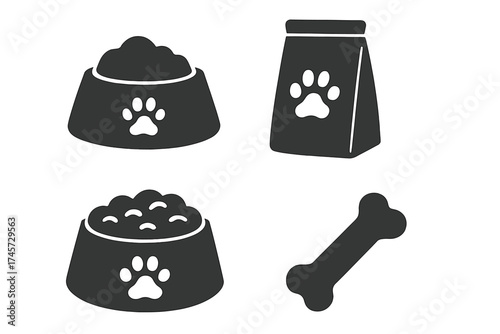 Pet food icon set. Dog and cat food symbols. Black silhouette collection with bowl, kibble, bag and bone. Veterinary, animal care and nutrition vector illustration.