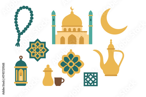 Ramadan Kareem vector elements set. Islamic holiday flat design icon bundle. Mosque, lantern, crescent moon, prayer beads, and Arabic coffee pot isolated illustrations.