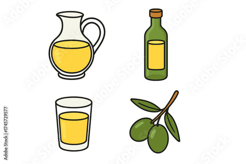 Olive oil icon set cartoon style. Pitcher, bottle, glass and olive branch. Vector graphic for food concept. Healthy cooking ingredient. Mediterranean diet. Liquid gold symbol.