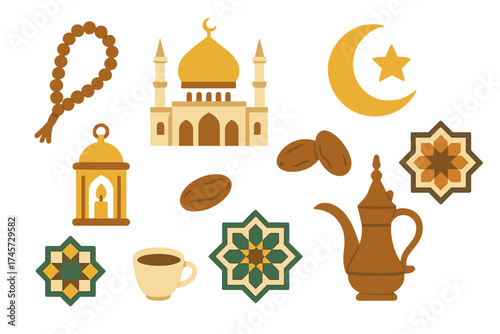 Ramadan Kareem vector icon set. Islamic holiday flat design elements. Muslim holy month symbols bundle. Mosque, crescent moon, lantern, prayer beads, dates and arabesque pattern.