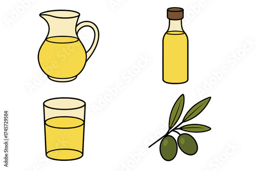 Olive oil icon set in cartoon style. Vector illustration of pitcher, bottle, glass, and olive branch. Healthy cooking ingredient. Mediterranean diet food concept design element.