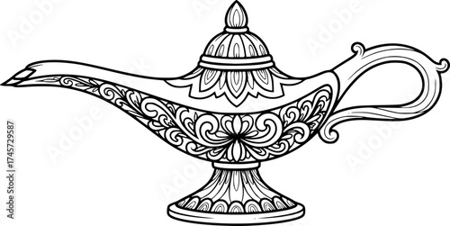 a black and white illustration of a genie lamp,  Aladdin's lamp