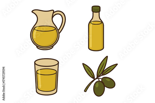 Olive oil icon set in cartoon style. Pitcher, bottle, glass, and olive branch collection. Vector illustration for web design. Healthy food, cooking, mediterranean diet concept.