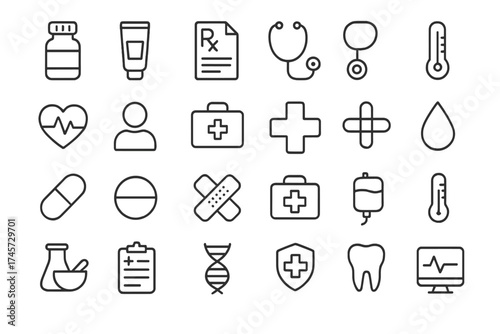 Medical and health care line icon set. Medicine, pharmacy, hospital, clinic symbols. Vector infographic elements. Stethoscope, RX, DNA, first aid kit, pill, heart.
