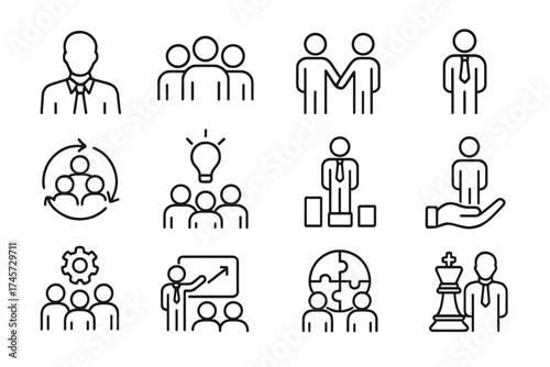 Business and teamwork line icons set. Concepts of leadership, management, strategy, career, and HR. Vector signs for human resources, presentation, brainstorming and staff.