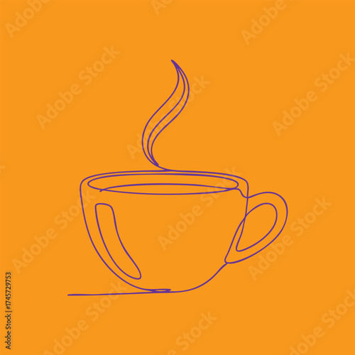 Minimalist line drawing of a steaming coffee cup with a curved handle on an orange