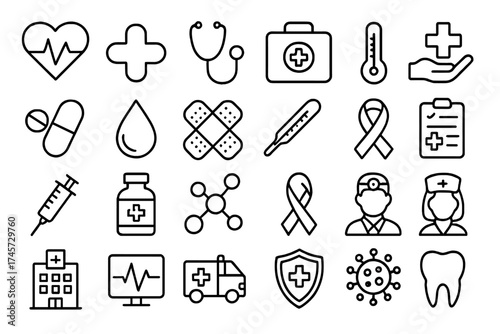Medical and health care line icon set. Medicine, hospital, pharmacy, and emergency symbols. Vector collection for web, infographic, rx. Doctor, nurse, first aid icons.