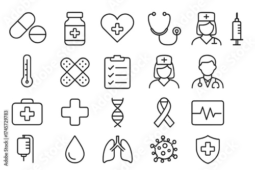 Medical and health care line icon set. Vector symbols for hospital, clinic, pharmacy. Doctor, nurse, medicine, first aid, virus and cardiology for web and infographic design.