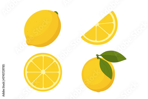 Set of fresh lemon fruit vector illustrations. Collection of citrus icons including whole lemon, juicy slice, half cut and with green leaves. Healthy organic food concept.