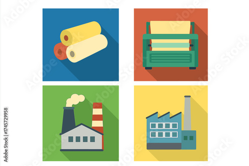 Textile industry icon set. Flat design vector illustration of fabric rolls, cloth manufacturing machine, factory, plant, and mill buildings. Industrial production concept icons.