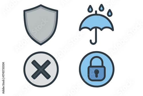 Protection and security icons set. Shield, umbrella with raindrops, close button, and padlock symbol. Concept of safety, privacy, access control, waterproof, and risk prevention in vector style