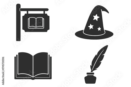 Isolated Story and Writing Objects Collection. Book Signs, Magical Wizard Hat with Stars, Open Book, Feather Quill and Inkpot. Literature, Reading, Magic and Writing Symbols Vector