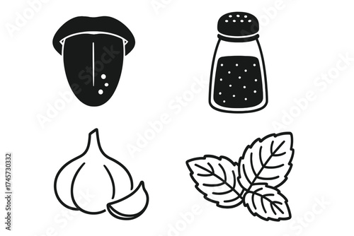 Isolated taste and seasoning icons set with black and white garlic, mushroom, salt shaker, and fresh herb leaves, culinary ingredients and cooking essentials collection vector