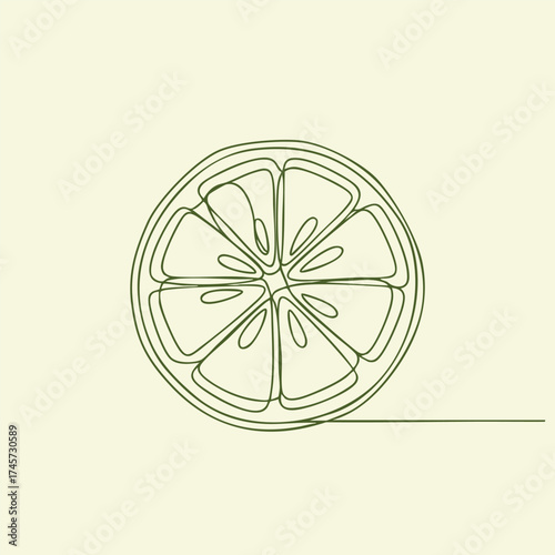 Minimalist Line Drawing of a Citrus Slice with Detailed Segments and Rind on a Soft Pastel