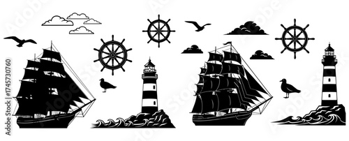 Vector art of nautical themed drawings, featuring ships, lighthouses, steering wheels, seagulls and clouds