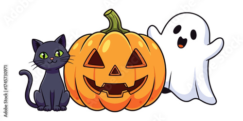 Cheerful Halloween Vector Illustration with Smiling Pumpkin, Friendly Ghost, and Happy Black Cat on White Background